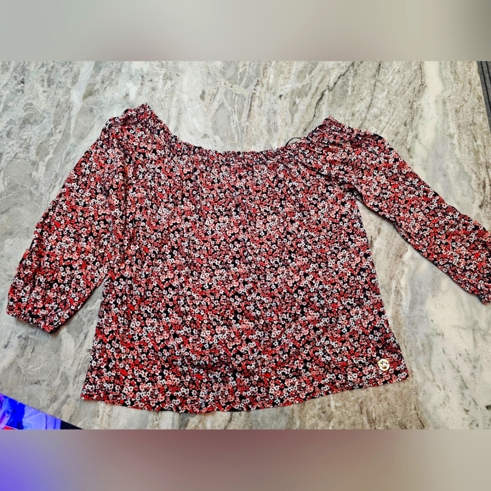 Michael Michael Kors Floral Print Long Sleeve Top XL Pink Black Logo Accent
